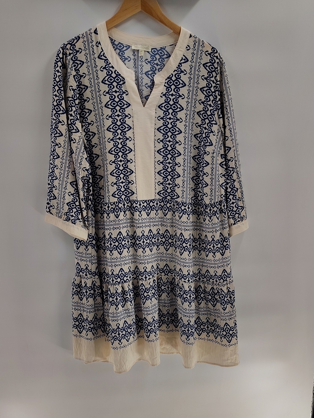 Fig & Flower Boho Dress Blue Off White Rayon Blend NWT